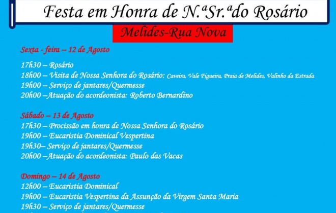 Melides recebe festa em Honra de Nossa Senhora do Rosário de 12 a 15 de agosto