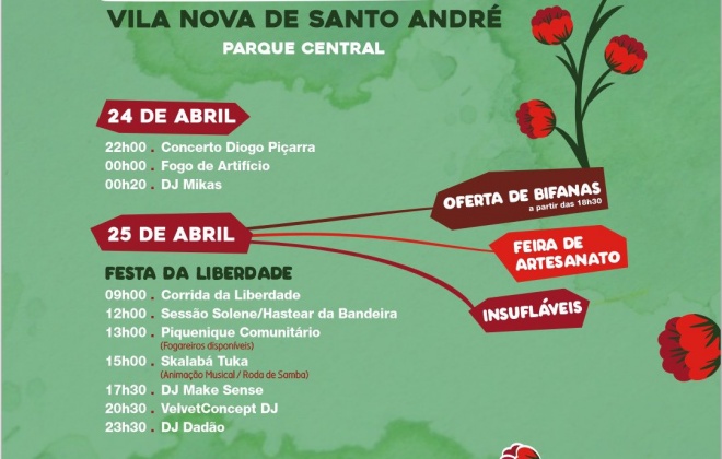 Vila Nova de Santo André comemora o 25 de abril com atividades para toda a população entre 24 e 26 de abril